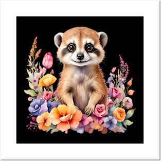 A meerkat decorated with beautiful watercolor flowers Posters and Art